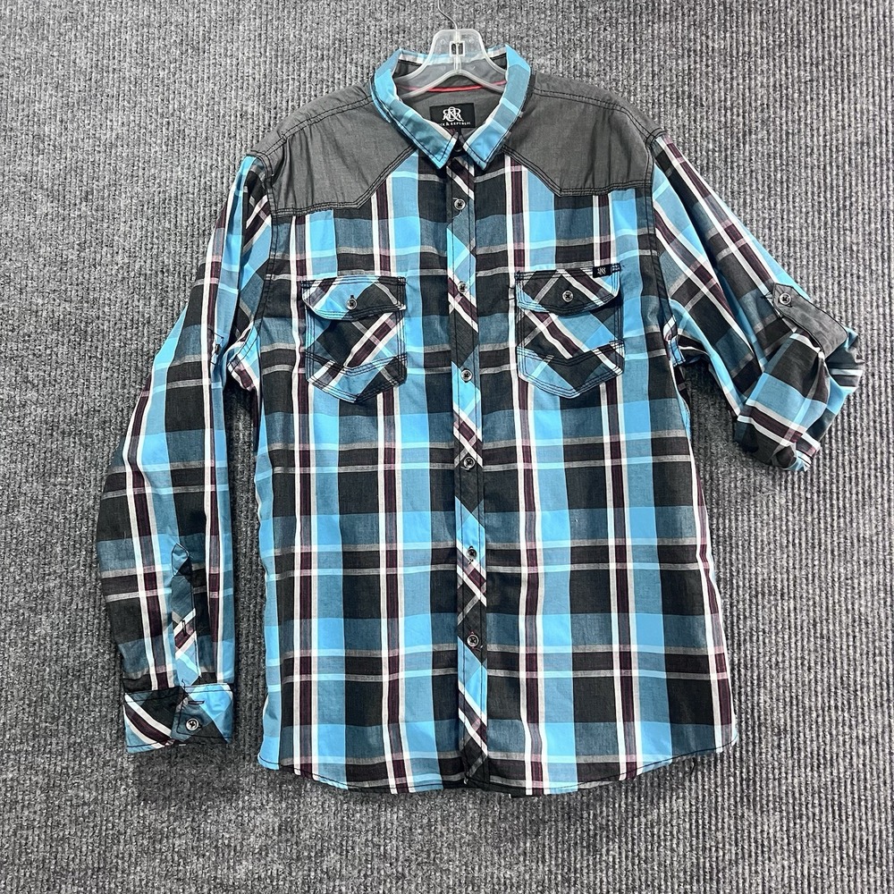 Rock & Republic Men's Blue, Black &Red Plaid Shirt With Tie Up Sleeves Size XL